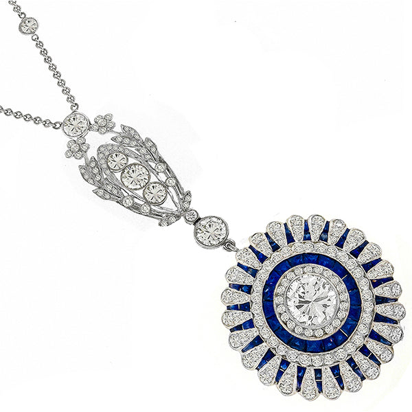 Art Deco Style 2.18ct Old Mine Cut Diamond and Sapphire Circular Pendant