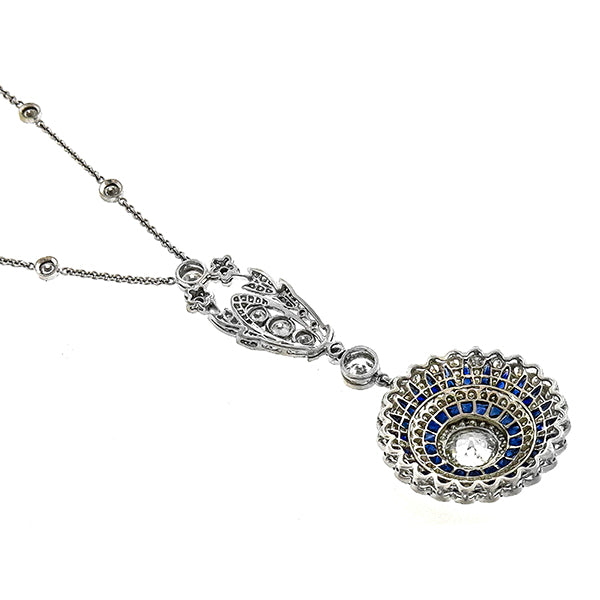 Art Deco Style 2.18ct Old Mine Cut Diamond and Sapphire Circular Pendant