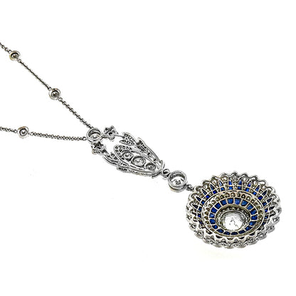 Art Deco Style 2.18ct Old Mine Cut Diamond and Sapphire Circular Pendant