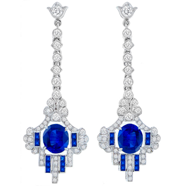 Art Deco Style 3.30ct Oval Sapphire and Diamond 18 Karat Chandelier Earrings