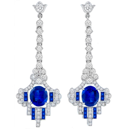 Art Deco Style 3.30ct Oval Sapphire and Diamond 18 Karat Chandelier Earrings