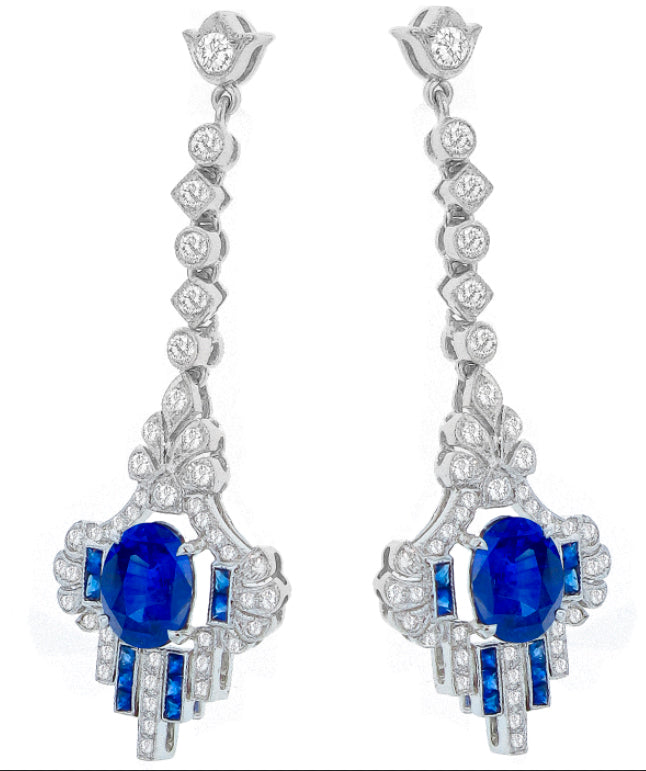 Art Deco Style 3.30ct Oval Sapphire and Diamond 18 Karat Chandelier Earrings