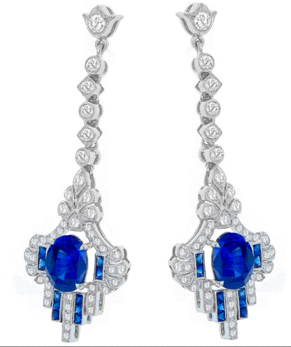 Art Deco Style 3.30ct Oval Sapphire and Diamond 18 Karat Chandelier Earrings