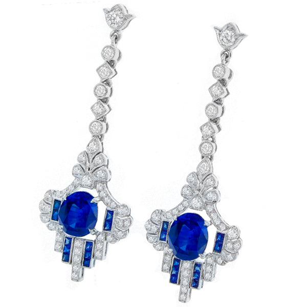 Art Deco Style 3.30ct Oval Sapphire and Diamond 18 Karat Chandelier Earrings