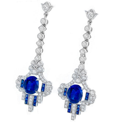 Art Deco Style 3.30ct Oval Sapphire and Diamond 18 Karat Chandelier Earrings