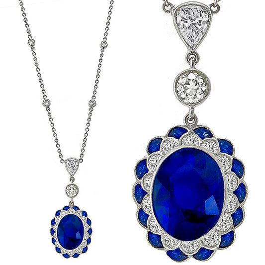 Antique Style Sapphire Diamond Gold Necklace Set With a 5.40 carat Oval Sapphire
