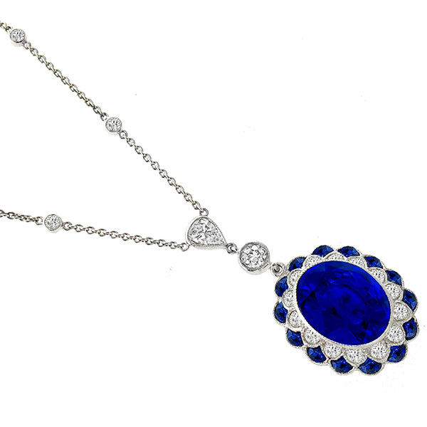 Antique Style Sapphire Diamond Gold Necklace Set With a 5.40 carat Oval Sapphire