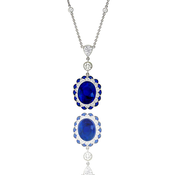 Antique Style Sapphire Diamond Gold Necklace Set With a 5.40 carat Oval Sapphire