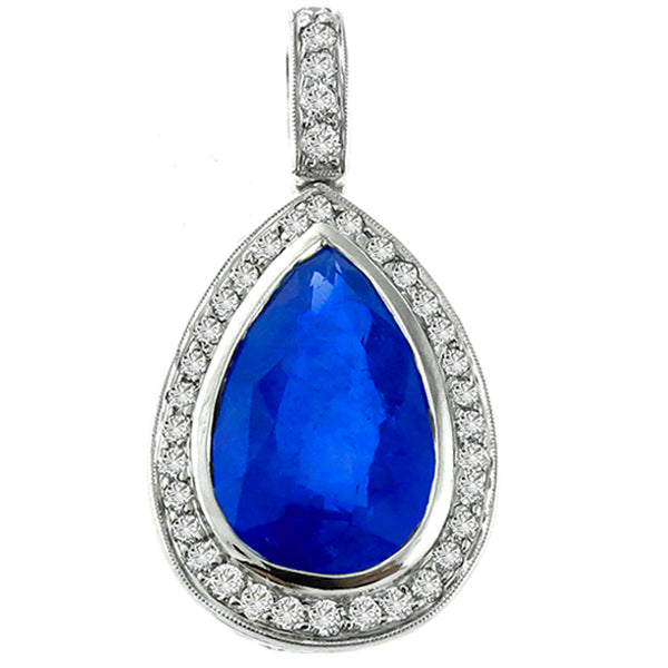 Art Deco Style 9.84ct Pear Shape Ceylon Sapphire Diamond Pendant