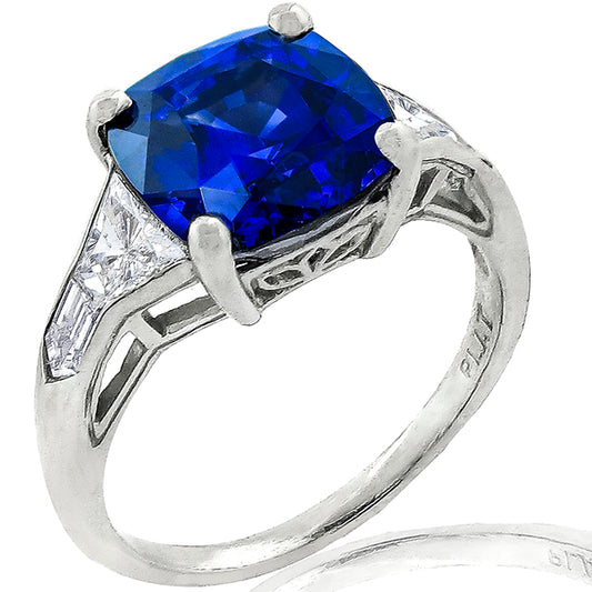 Cushion Cut Ceylon Sapphire Bullet & Trapezoid Diamond Platinum Engagement Ring