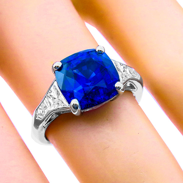 Cushion Cut Ceylon Sapphire Bullet & Trapezoid Diamond Platinum Engagement Ring