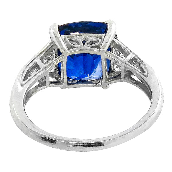 Cushion Cut Ceylon Sapphire Bullet & Trapezoid Diamond Platinum Engagement Ring