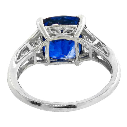 Cushion Cut Ceylon Sapphire Bullet & Trapezoid Diamond Platinum Engagement Ring
