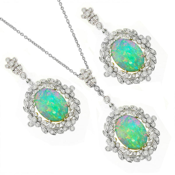 Edwardian Style 7.00ct Cabochon Oval Opal 18k White Gold Pendant