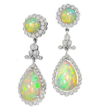 Estate Edwardian Style Cabochon 7.46ct Opal and Diamond 18 Karat Gold Pendant