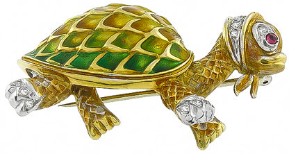 Estate Enamel 0.30ct Diamond Turtle Pin