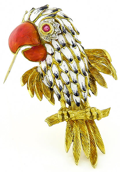 Estate Enamel Diamond Ruby Gold Bird Pin