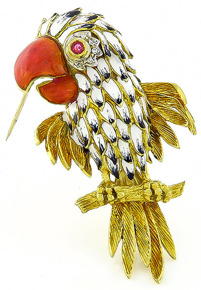 Estate Enamel Diamond Ruby Gold Bird Pin