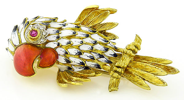 Estate Enamel Diamond Ruby Gold Bird Pin