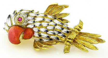 Estate Enamel Diamond Ruby Gold Bird Pin