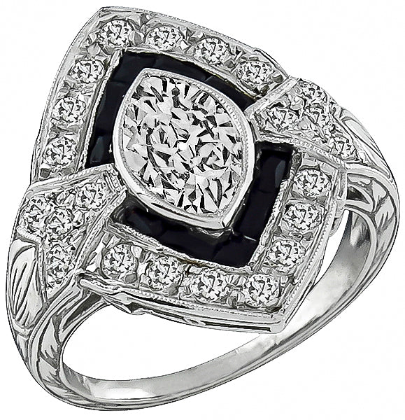 Estate GIA Certified 1.01ct Diamond Onyx Engagement Ring