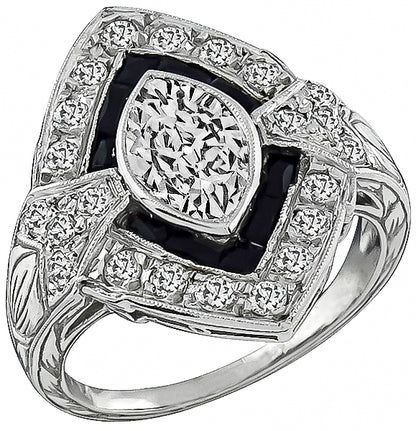 Estate GIA Certified 1.01ct Diamond Onyx Engagement Ring