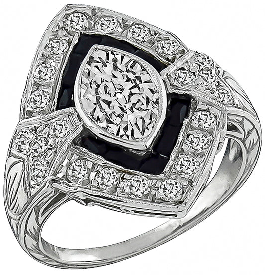 Estate GIA Certified 1.01ct Diamond Onyx Engagement Ring