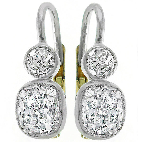 Antique Cushion Cut Diamond 2.02 Carat Platinum Earrings