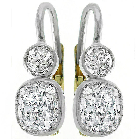 Antique Cushion Cut Diamond 2.02 Carat Platinum Earrings