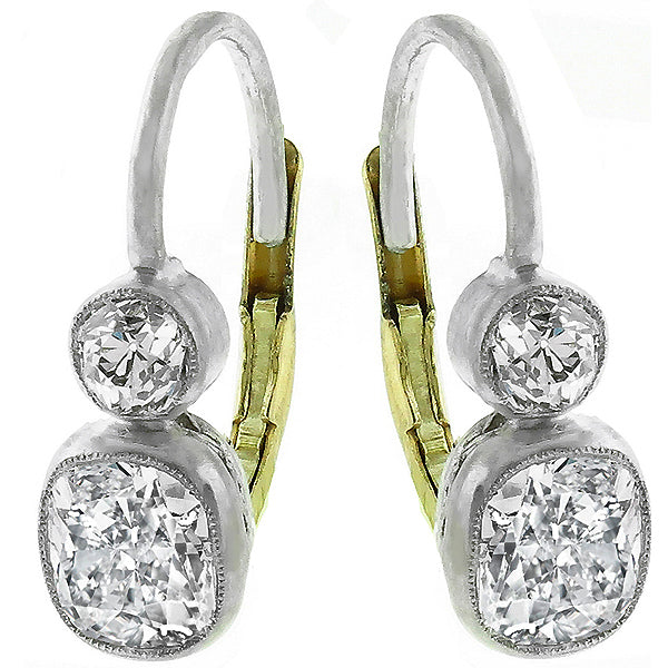 Antique Cushion Cut Diamond 2.02 Carat Platinum Earrings