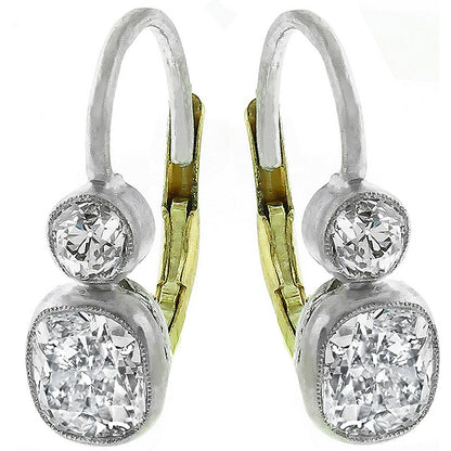 Antique Cushion Cut Diamond 2.02 Carat Platinum Earrings