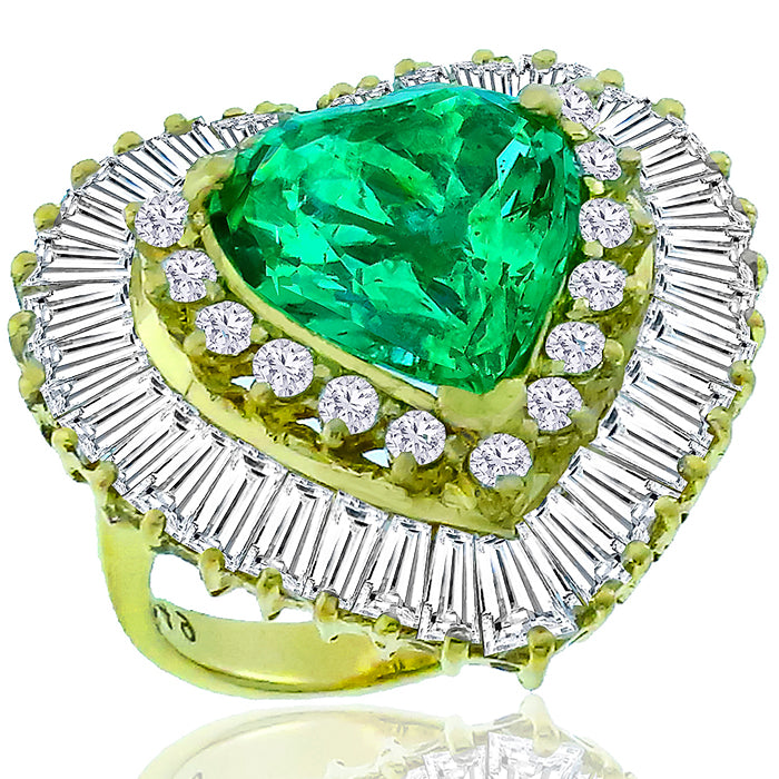 Heart Shape Emerald 1.65ct Round & Baguette Cut Diamond 18K Yellow Gold Ring