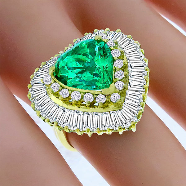 Heart Shape Emerald 1.65ct Round & Baguette Cut Diamond 18K Yellow Gold Ring