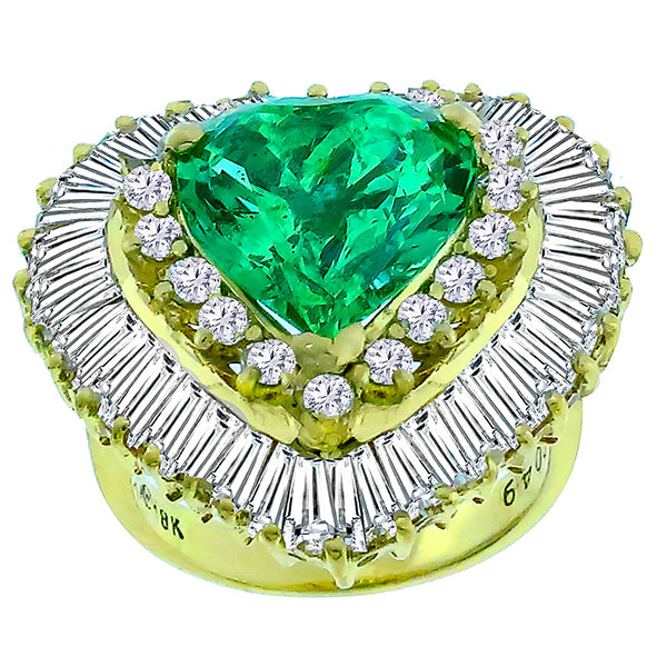 Heart Shape Emerald 1.65ct Round & Baguette Cut Diamond 18K Yellow Gold Ring
