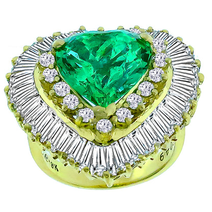 Heart Shape Emerald 1.65ct Round & Baguette Cut Diamond 18K Yellow Gold Ring
