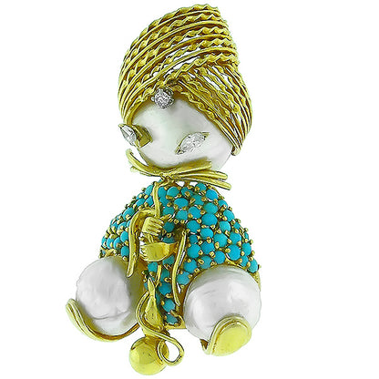 1960s Mabe Pearl Diamond and Turquoise 18kt Yellow Gold Hookah Smoker Pin