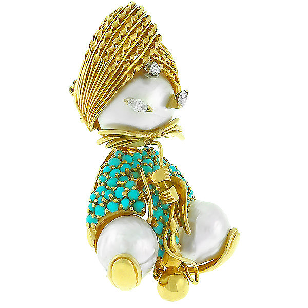 1960s Mabe Pearl Diamond and Turquoise 18kt Yellow Gold Hookah Smoker Pin