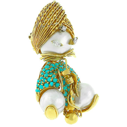 1960s Mabe Pearl Diamond and Turquoise 18kt Yellow Gold Hookah Smoker Pin