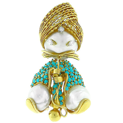 1960s Mabe Pearl Diamond and Turquoise 18kt Yellow Gold Hookah Smoker Pin