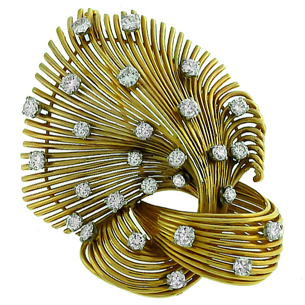 Estate Round Cut Diamond 14k Yellow Gold Lace Pin