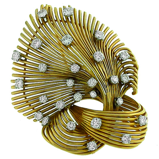 Estate Round Cut Diamond 14k Yellow Gold Lace Pin