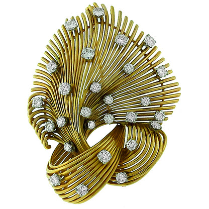 Estate Round Cut Diamond 14k Yellow Gold Lace Pin