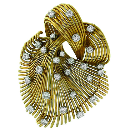 Estate Round Cut Diamond 14k Yellow Gold Lace Pin