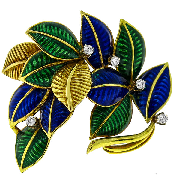 Estate Round Cut Diamond Enamel 18k Yellow Gold Foliage Pin