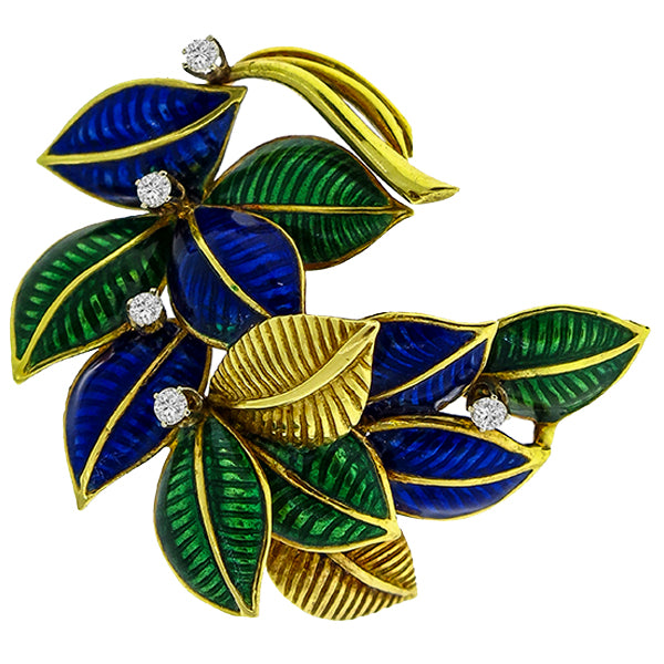 Estate Round Cut Diamond Enamel 18k Yellow Gold Foliage Pin