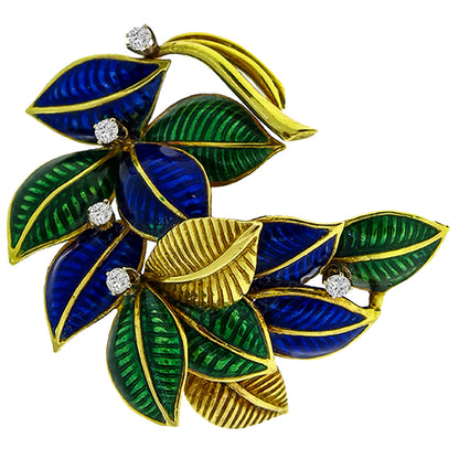 Estate Round Cut Diamond Enamel 18k Yellow Gold Foliage Pin