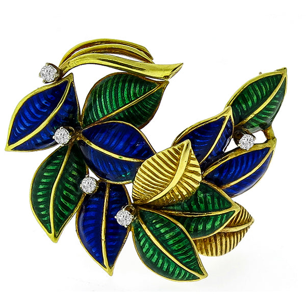 Estate Round Cut Diamond Enamel 18k Yellow Gold Foliage Pin