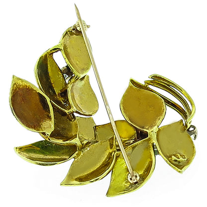 Estate Round Cut Diamond Enamel 18k Yellow Gold Foliage Pin