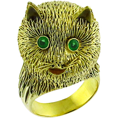 Estate Round Cut Emerald 14k Yellow Gold Enamel Cat Ring