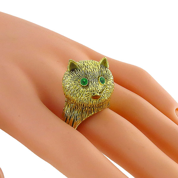 Estate Round Cut Emerald 14k Yellow Gold Enamel Cat Ring